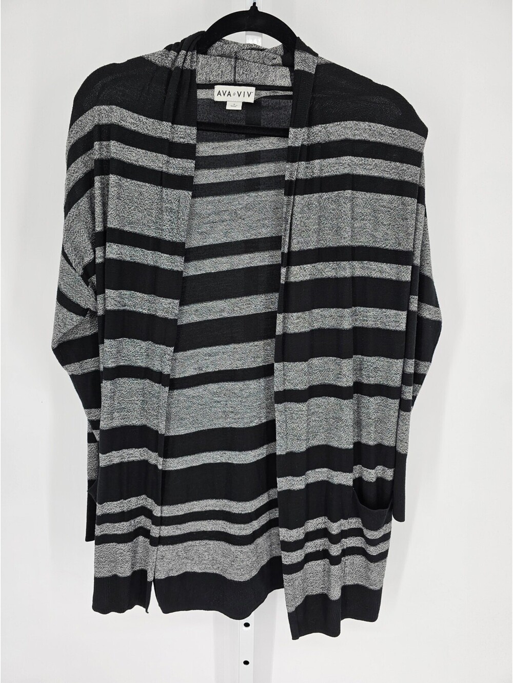 Ava & Viv Women Sz 1X Lightweight Open Front Cardigan Sweater Black Gray Striped